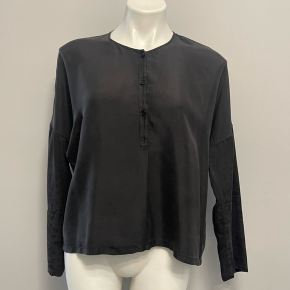 Raquel Allegra Henley Blouse Black 0 Oversized Slouchy Boxy Oriental Print Top - Picture 10 of 15
